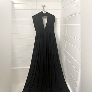 Deep V, backless halter maxi dress in Black